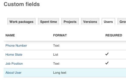 Settings for user custom fields.